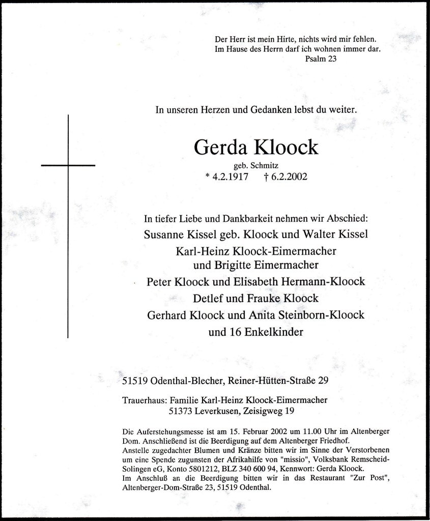Totenzettel Kloock, Gerda † 06.02.2002