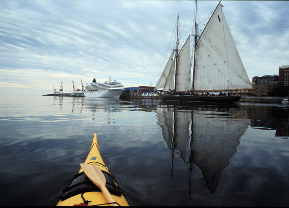 The Bluenose sailing ship at dock in Nova Scotia. The best time to visit Nova Scotia is August.