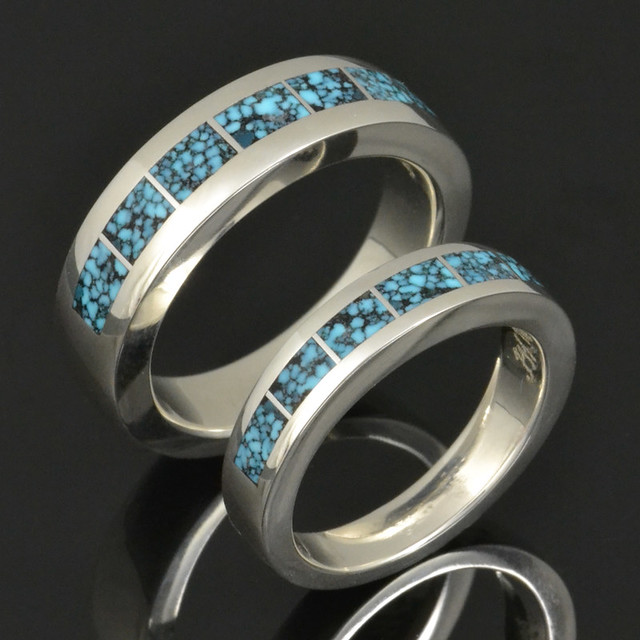 Spiderweb Turquoise Wedding Ring Set in Sterling Silver