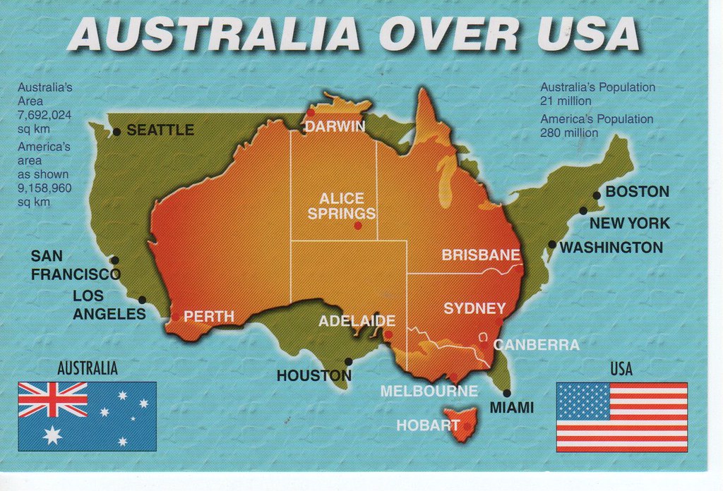Australia over USA map with flags | 11 x 17cm | Sam P | Flickr
