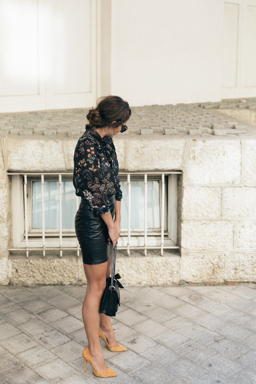 Jessie Chanes Seams for a desire - Buylevard Flowered Shirt Faux Leather Skirt Black Blazer-12