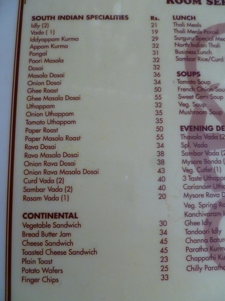 Proper South Indian breakfast menu | Hotel Surguru's menu inâ€¦ | Flickr