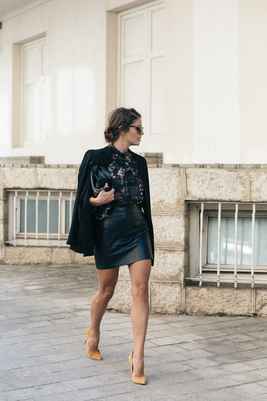 Jessie Chanes Seams for a desire - Buylevard Flowered Shirt Faux Leather Skirt Black Blazer-7
