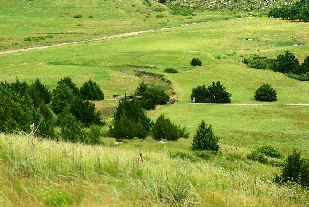 Looking down from Windlass Hill, the “ditch” in the center of the image is the eroded trace left from the Oregon/California trail traffic. Ash Hollow State Historical Park, Nebraska