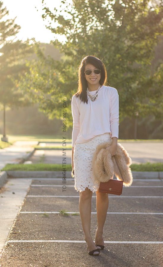 faux fur scarf, light pink sweater, mixed metal necklace, white lace pencil skirt, red shoulder bag, bow ballerina flats