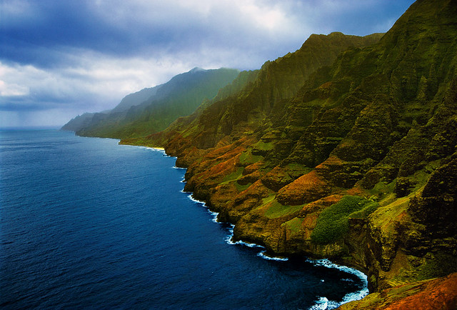 ... Kauai Hawaii from aerial / helicopter Interisland scenic view tropical