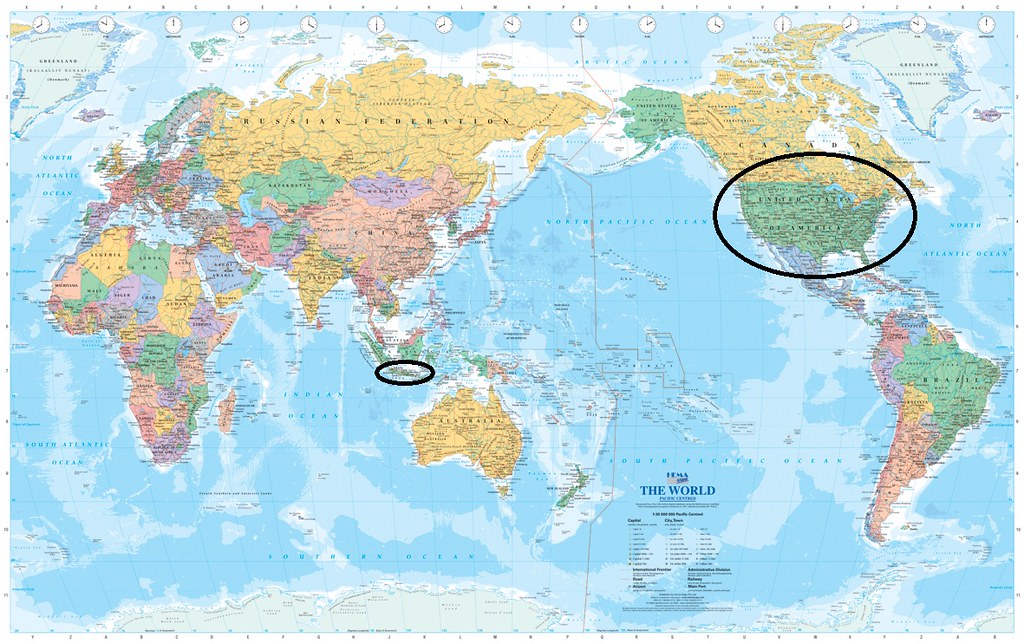 World map with Java and the United Stated circled | Composit… | Steve