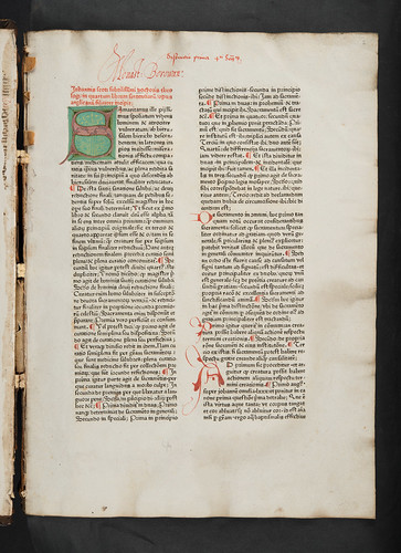 Decorated initial and monastic inscription in  Duns Scotus, Johannes: Quaestiones in quartum librum Sententiarum Petri Lombardi
