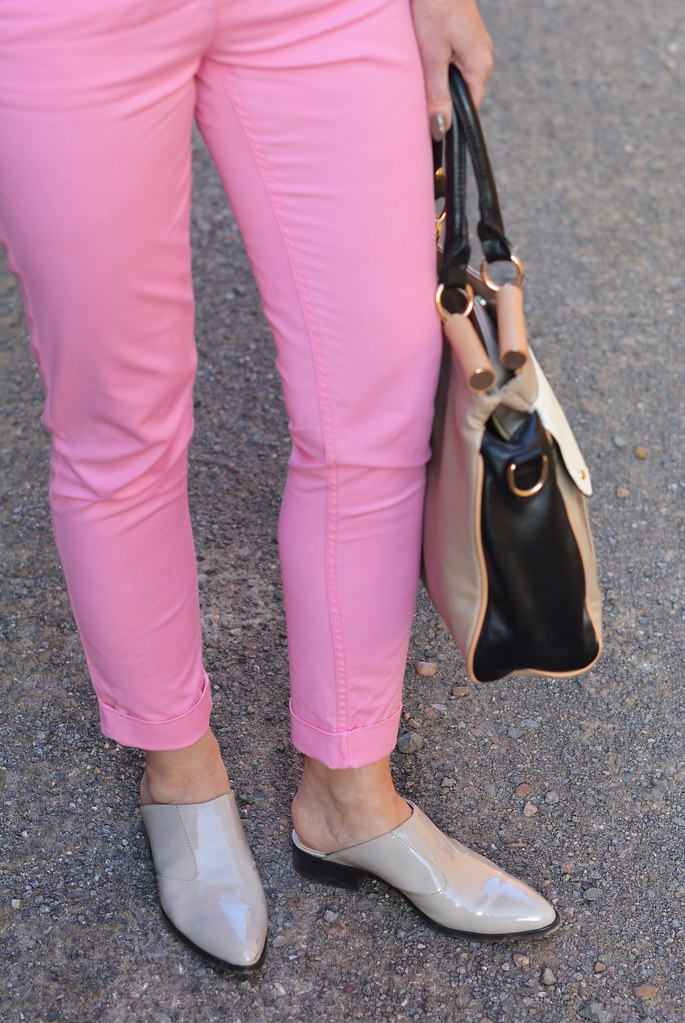 Springtime brights: Mustard polka dot blazer, pink chinos, taupe mules