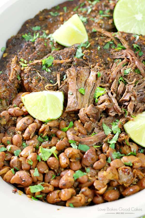 Mexican Pot Roast and rice on a plate with a lime.