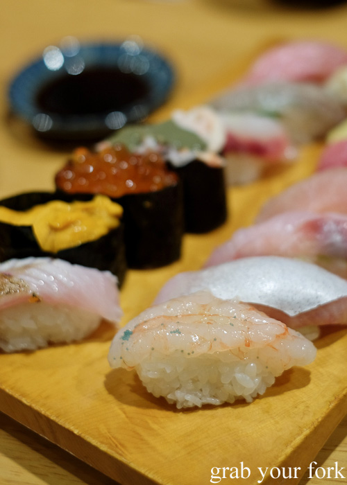 Ama ebi spot prawn with roe at Uouma inside Omicho Market, Kanazawa, Japan