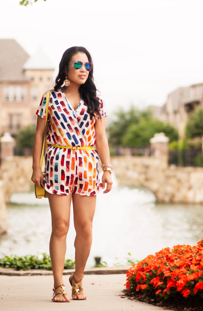 Candy-Colored Romper + Tory Burch Sandals // Ann Taylor Sale
