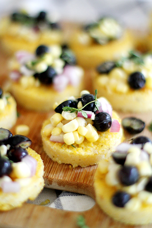 Cheesy Polenta Bites with Blueberry Corn Relish | girlversusdough.com @girlversusdough