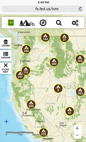 Visitor Map screenshot shows the number of camping opportunities throughout the Northwest. (U.S. Forest Service.)