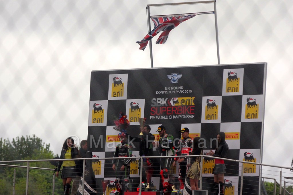 The podium from the first World Superbikes race at Donington, May 2015