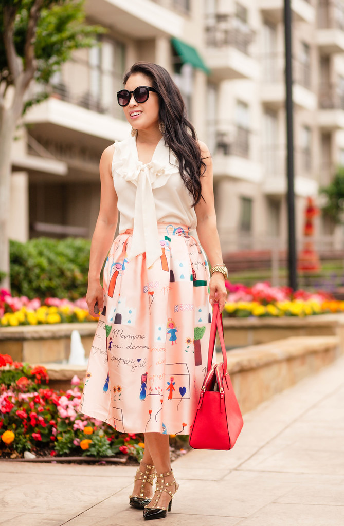 cute & little blog | petite fashion | choies pink character midi skirt, ivory silk blouse, kate spade red satchel, black studded pumps | spring summer outfit