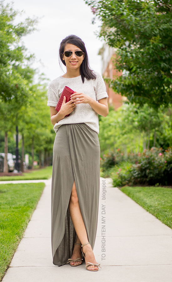 short sleeve gray sweater, olive green maxi skirt, red clutch, bow sandals
