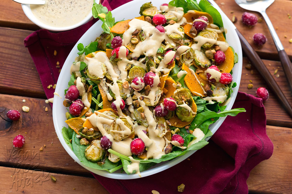 This Brussels Sprout Butternut Squash salad is the perfect, colorful recipe for your holiday table! And the oil-free, creamy dressing is amazing. #vegan #DoPlants #soyfree #spon @VeganYackAttack 