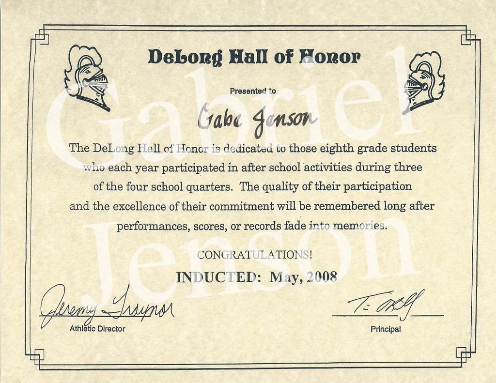 DeLong Hall of Honor Certificate
