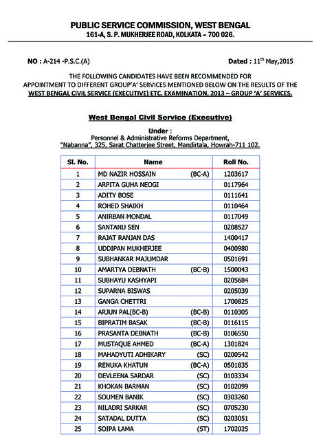 West Bengal Civil Service (Executive) Examination-2013 of Group `A’