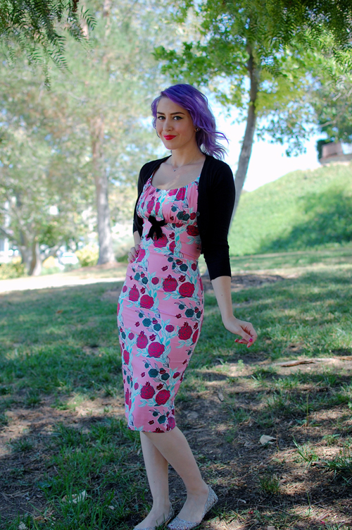 Pinup Girl Clothing Evangeline dress in Mary Blair Lips and Roses in Pink