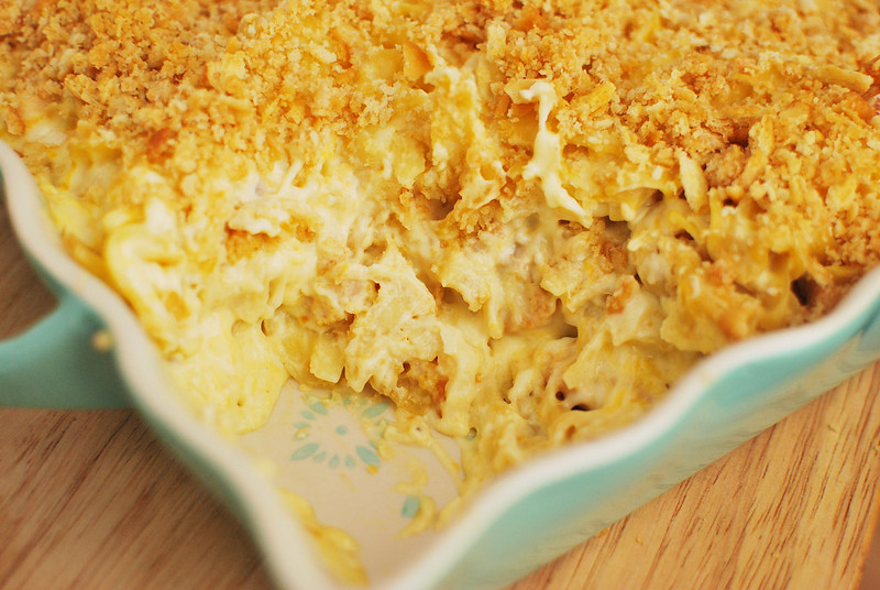 Egg noodles and chicken in a cheesy sauce topped with crushed Ritz crackers