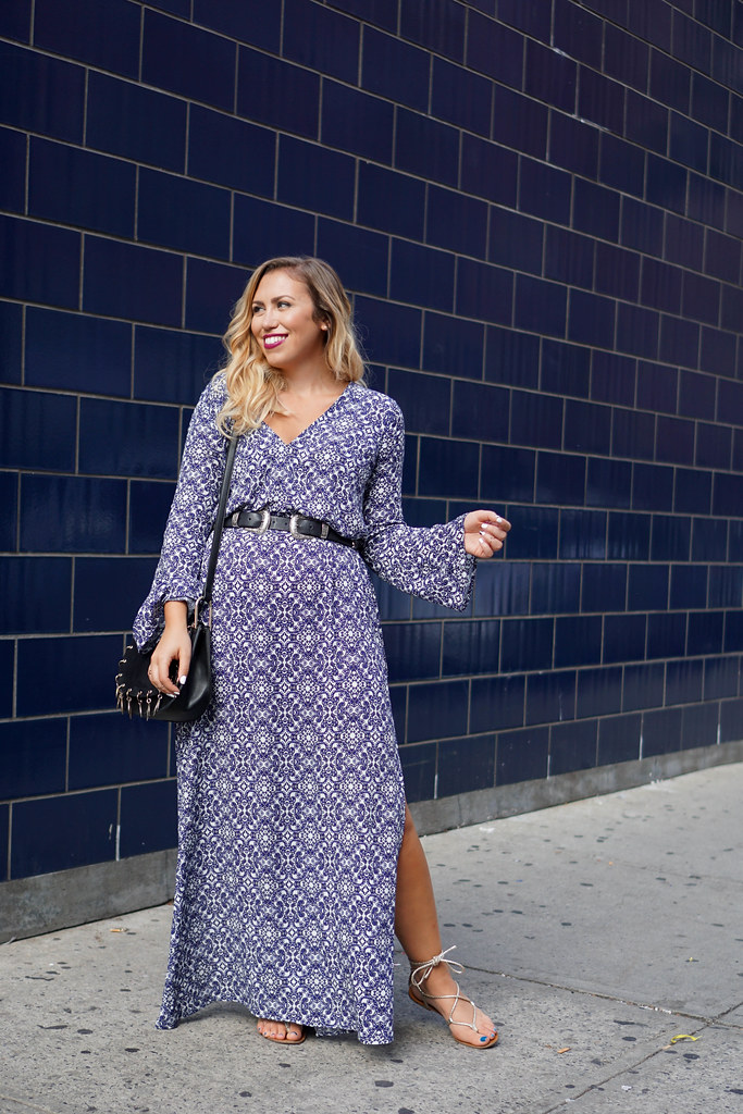 Printed Blue Bell Sleeve Maxi Dress NYFW Living After Midnite Jackie Giardina Outfit Fashion Blogger