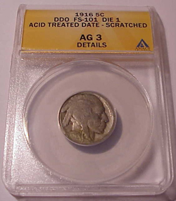 Slabbed acid-treated Buffalo nickel