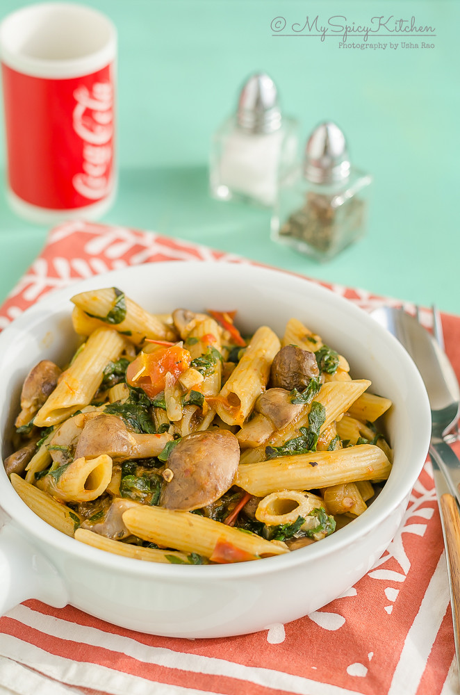 vegan Pasta, Vegan Penne Pasta, Vegan Penne Pasta with Mushrooms and Spinach, Pasta, Vegan , Blogging Marathon, One pot meal, One pot dish, 