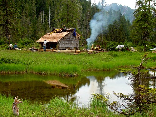 A three-sided shelter near a hot springs by Shelokum Lake