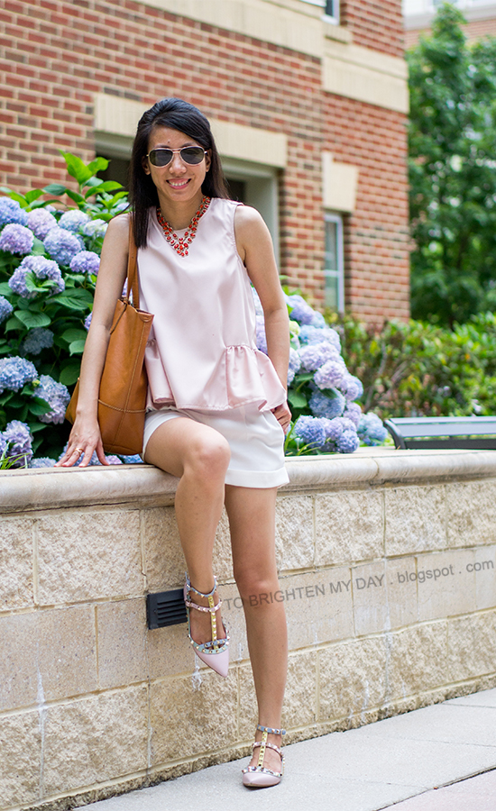 coral necklace, light pink peplum top, white shorts, watercolor stud flats