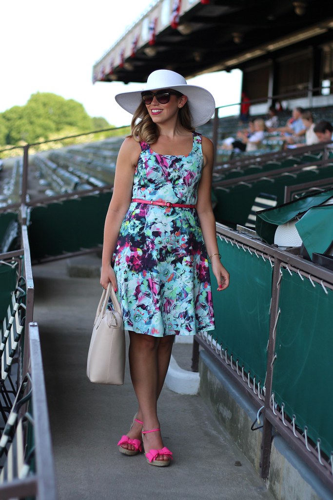 Floral Dress & Derby Hat at Belmont Racetrack