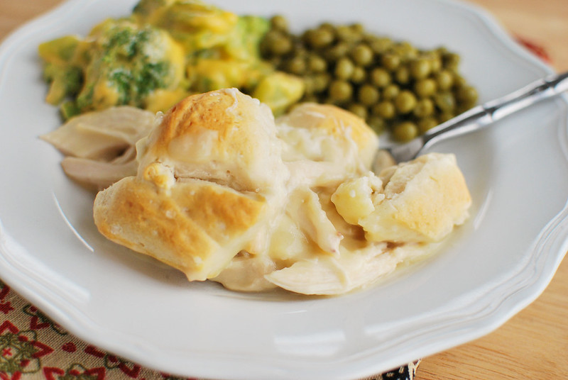 Chicken and Biscuits - only 5 ingredients! Chicken and gravy topped with refrigerated biscuits and baked until bubbly and golden. This is a family favorite!