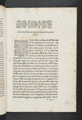 Woodcut initial and ornamentation in Aristoteles: De historia animalium [Greek]