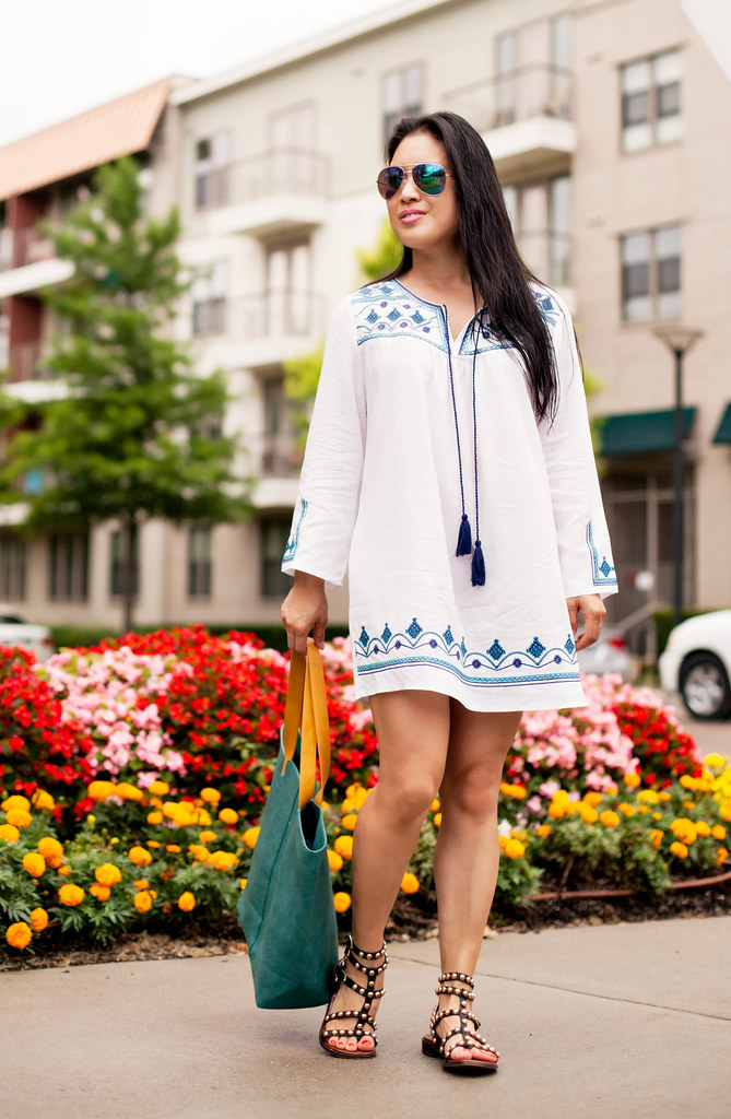 cute & little blog | petite fashion | embroidered beach cover up tassel dress, studded gladiator sandals | summer outfit