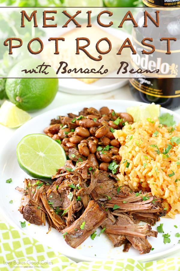 Mexican Pot Roast with rice on a plate with a lime.