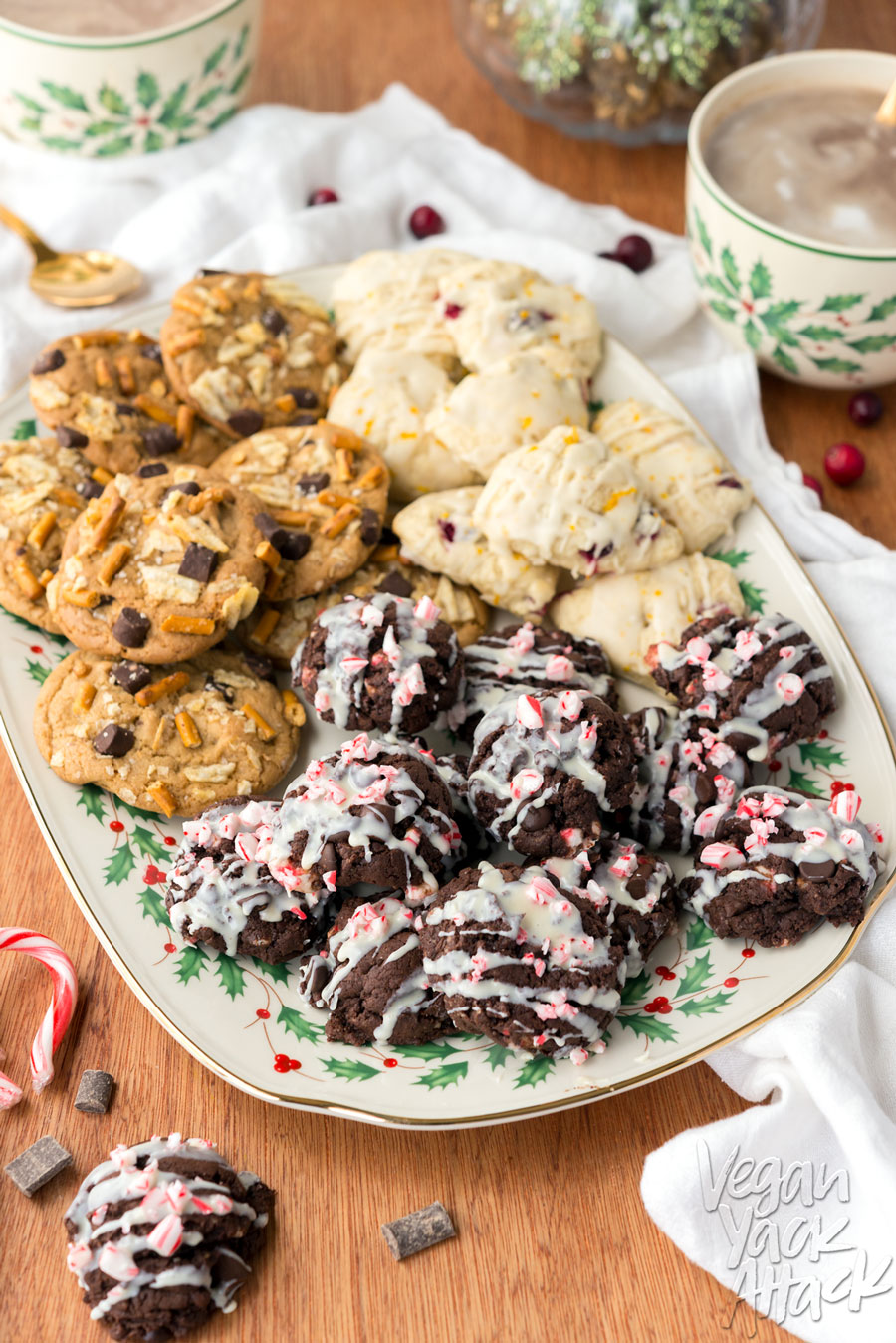 Double Chocolate Peppermint Cookies - Rich treats filled with chunks of peppermint and drizzled with vegan white chocolate. #nutfree 