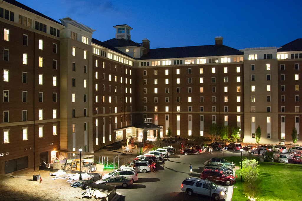The Residential Commons is photographed at night. (Photo