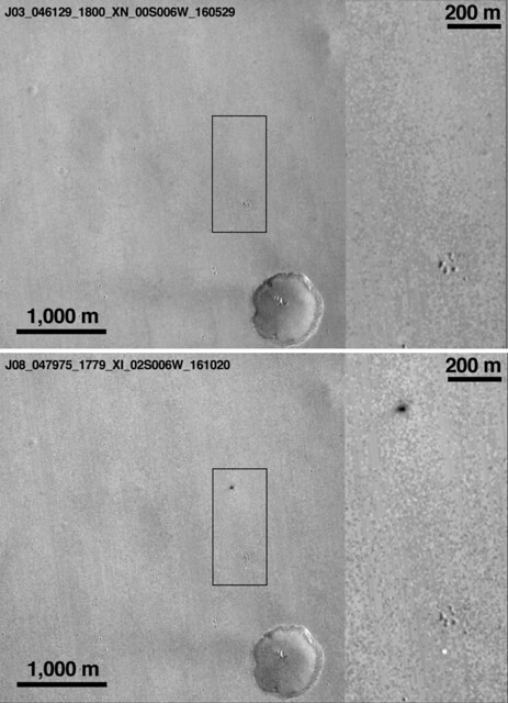 Imagen: Comparación de la superficie antes (arriba) y después (abajo) de la llegada de Schiaparelli. Aparece el cráter de Schiaparelli (mancha negra) y el paracaídas (mancha banca) en la imagen tomada por la sonda Mars Reconnaissance Orbiter (MRO). Crédito: NASA/JPL-Caltech/MSSS.
