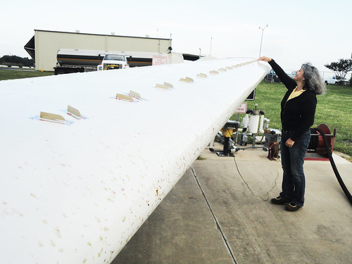 Anni Brogan, owner and president of Micro Aerodynamics, inspecting vortex generators (VGs) on the wings of a small aircraft