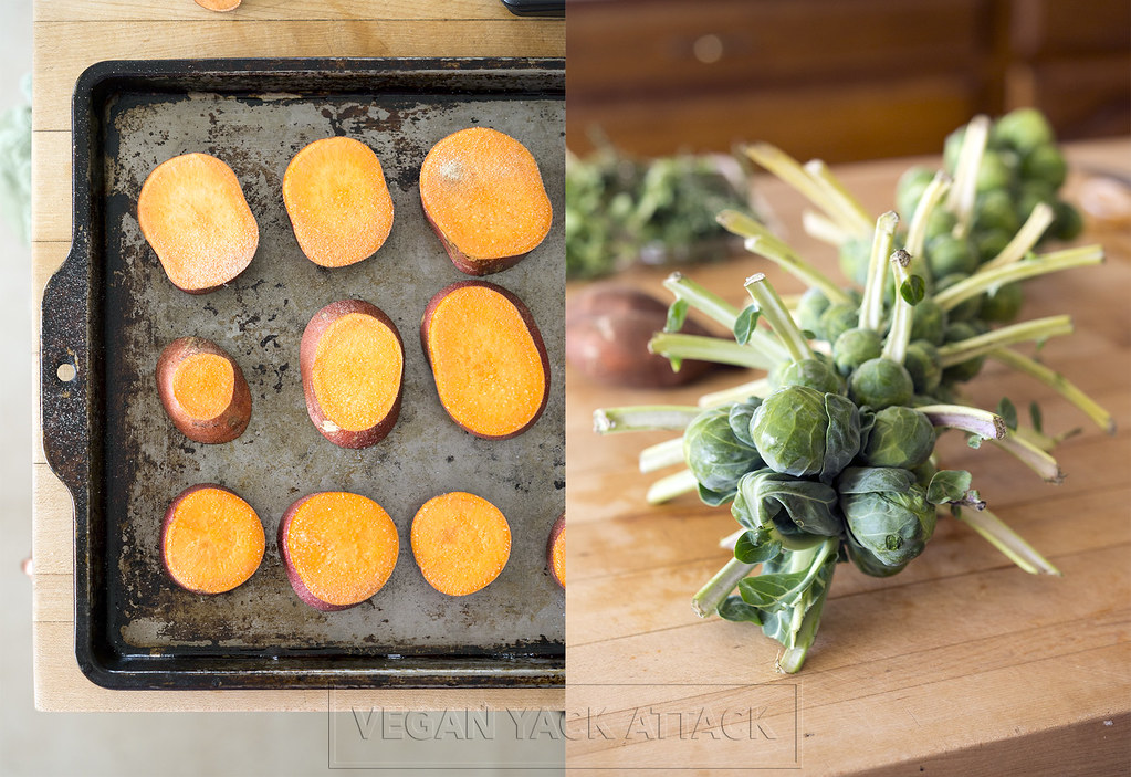Roasted Sweet Potatoes and Brussels Sprouts on Stalk