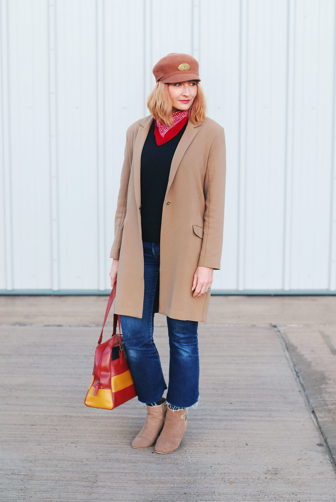 How to style a longline camel blazer for autumn/fall: Cropped flared jeans, suede ankle boots, vintage baker boy hat and neck scarf | Not Dressed As Lamb, over 40 style