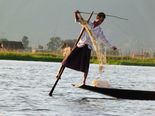 Pescador intha en el Lago Inle (Myanmar)