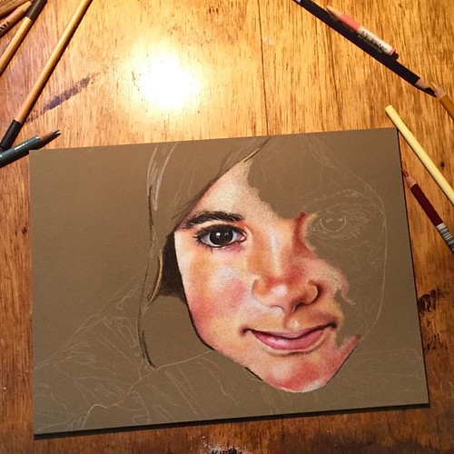 In progress colored pencil portrait entitled Clara, 9