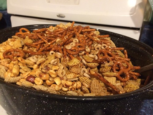 stirring the Chex Mix