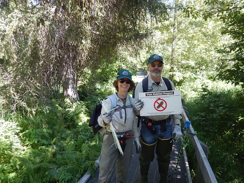 Elaine and Tom Reale, volunteers, standing on a path in a forest