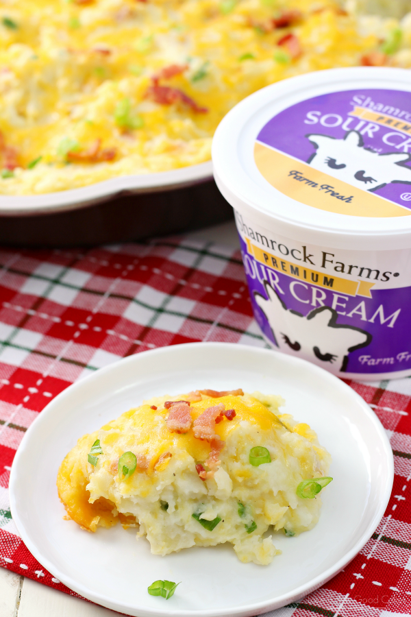 Mashed Potatoes on a plate with a package of Shamrock Farms Sour Cream.