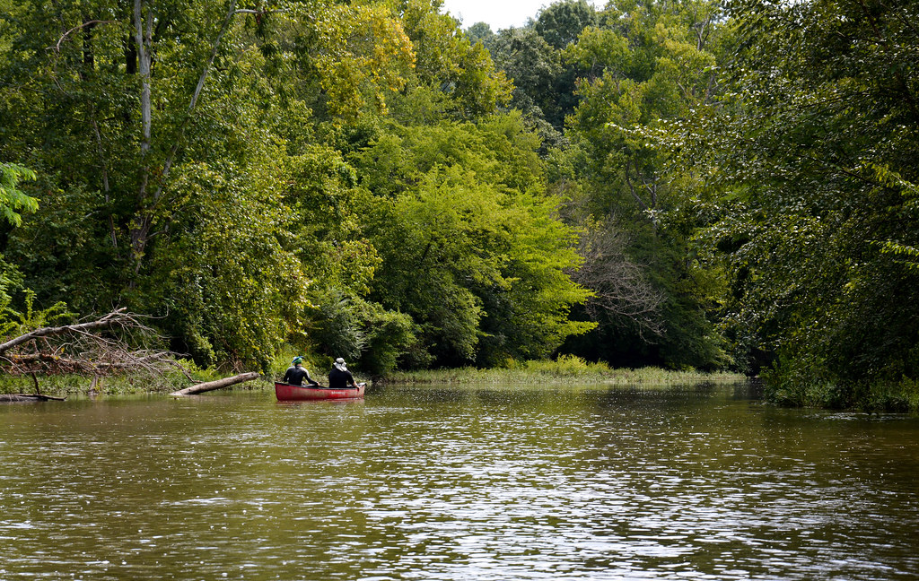 Two men in the distance floating down Sugar Creek in a canoe surrounded by trees on either bank