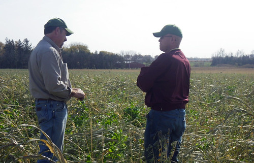 Dean Thomas answering questions from Tom Finnegan about using cover crops on his farm