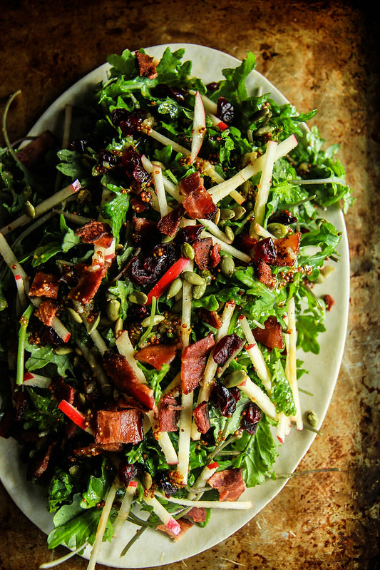 Baby Kale Autumn Salad with Honeycrisp Apples, Bacon, Cranberries and Pepitas from HeatherChristo.com